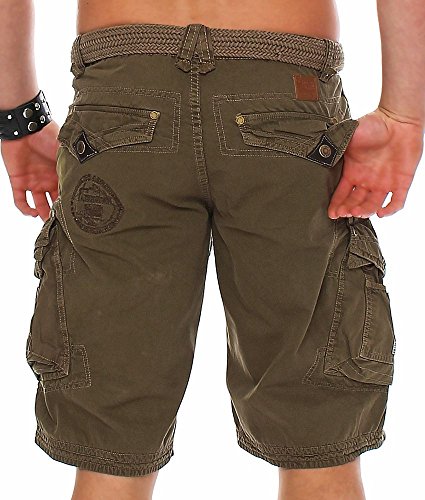 Geographical Norway Pratique Perle - Pantalones cortos cargo para hombre, con cinturón, bordados caqui L