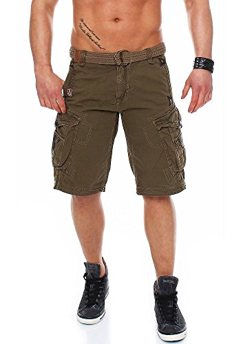 Geographical Norway Pratique Perle - Pantalones cortos cargo para hombre, con cinturón, bordados caqui L