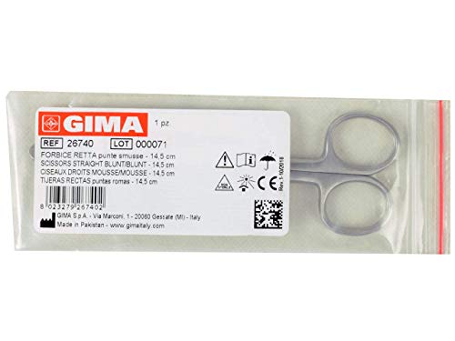 GIMA ref 26740 Tijeras quirúrgicas rectas en acero inoxidable punta roma para enfermería y uso medical, accesorio del botiquín de primeros auxilios utilizable en hogar médico, 14.5cm