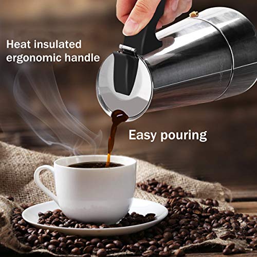 Godmorn Cafetera italiana,Cafetera espressos en Acero inoxidable430,6 tazas(300ml),Conveniente para la cocina de inducción,Cafetera Moka Clásica,Plata,Perfecta para Uso Doméstico y en la Oficina.