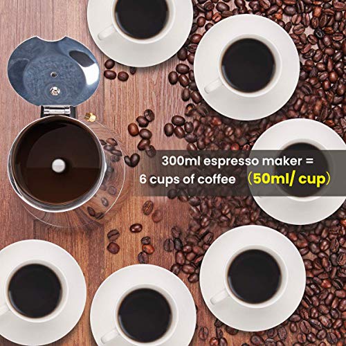 Godmorn Cafetera italiana,Cafetera espressos en Acero inoxidable430,6 tazas(300ml),Conveniente para la cocina de inducción,Cafetera Moka Clásica,Plata,Perfecta para Uso Doméstico y en la Oficina.