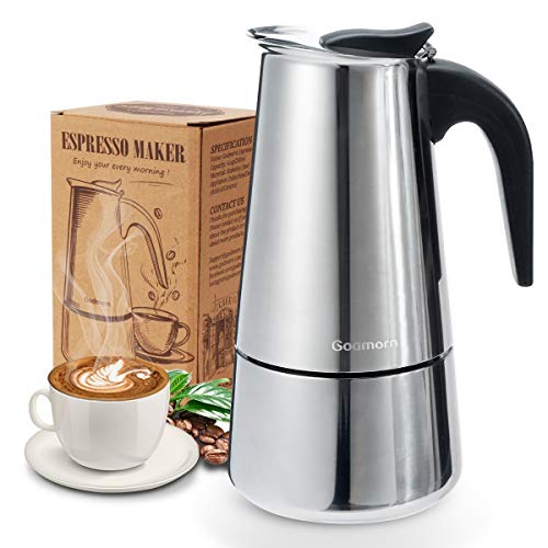 Godmorn Cafetera italiana,Cafetera espressos en Acero inoxidable430,6 tazas(300ml),Conveniente para la cocina de inducción,Cafetera Moka Clásica,Plata,Perfecta para Uso Doméstico y en la Oficina.