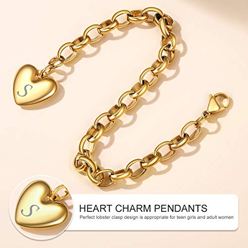 GoldChic Jewelry Letra S Colgante corazón en Pulsera de eslabones Redondos, Dorado Acero Inoxidable Chapado en 18K Oro, Joya para Novia Hija Señora, Gratis Caja de Regalo