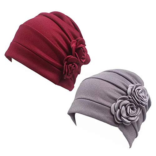 Gorra Beanie De Tela con 2 Flor De Adorno para Fiesta Boda Color Liso Turbante para Cabeza De Mujer para Cáncer Quimioterapia Chemo Oncológico Noche Pèrdida de Pelo Cabello 2 Unidades (F, 2)