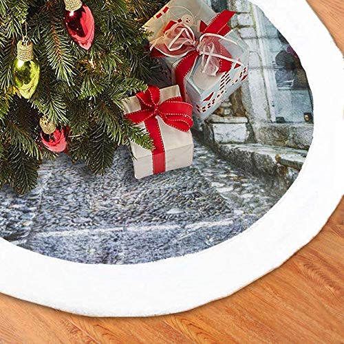 GOWINEU Alfombrilla para Falda de árbol de Navidad Encantadoras Calles Antiguas de los pueblos de Provenza para decoración navideña Adorno rústico de 30 Pulgadas de diámetro con Borde Blanco