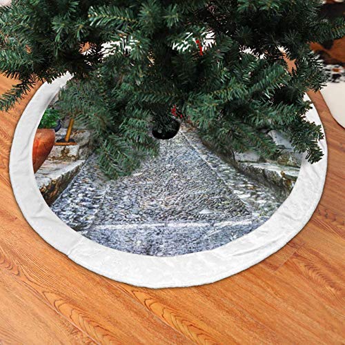 GOWINEU Alfombrilla para Falda de árbol de Navidad Encantadoras Calles Antiguas de los pueblos de Provenza para decoración navideña Adorno rústico de 30 Pulgadas de diámetro con Borde Blanco