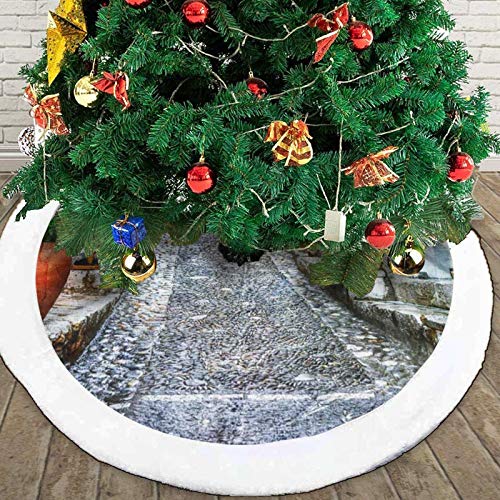 GOWINEU Alfombrilla para Falda de árbol de Navidad Encantadoras Calles Antiguas de los pueblos de Provenza para decoración navideña Adorno rústico de 30 Pulgadas de diámetro con Borde Blanco