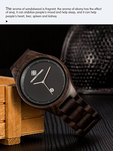 GreenTreen Reloj de pulsera de los hombres sándalo negro con calendario