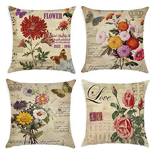 Gspirit 4 Pack clásico Las Flores Rosa Algodón Lino Throw Pillow Case Funda de Almohada para Cojín 45x45 cm