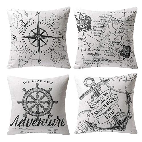 Gspirit 4 Pack Oceano Serie Brújula Mapa Ancla Navegación Algodón Lino Throw Pillow Case Funda de Almohada para Cojín 45x45 cm