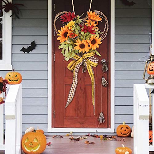 Guirnalda de girasol artificial, Guirnalda de girasol de simulación de otoño, Corona de girasol colgante de pared con decoración de arco en forma de corazón, Decoraciones De Otoño