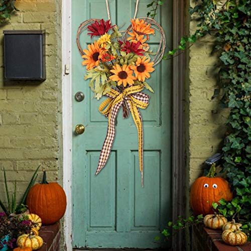 Guirnalda de girasol artificial, Guirnalda de girasol de simulación de otoño, Corona de girasol colgante de pared con decoración de arco en forma de corazón, Decoraciones De Otoño