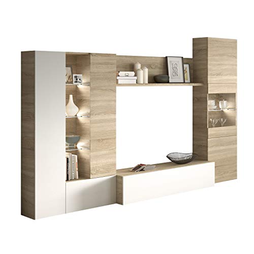 Habitdesign 016642F - Mueble de Comedor con Leds, Acabado en Blanco Brillo y Roble Canadian, Medida 260 cm de Ancho