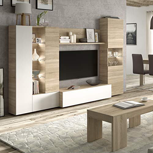 Habitdesign 016642F - Mueble de Comedor con Leds, Acabado en Blanco Brillo y Roble Canadian, Medida 260 cm de Ancho