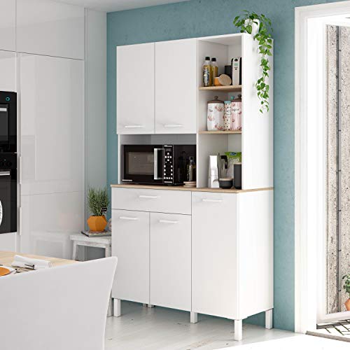 Habitdesign 0F9950A - Alacena de Cocina, Aparador, Mueble Auxiliar 5 Puertas + 1 Cajon y Estante, Blanco Artik y Roble Canadian, Medidas: 108 cm (Largo) x 186 cm (Alto) x 40 cm (Fondo)