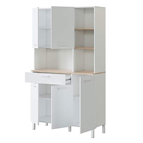 Habitdesign 0F9950A - Alacena de Cocina, Aparador, Mueble Auxiliar 5 Puertas + 1 Cajon y Estante, Blanco Artik y Roble Canadian, Medidas: 108 cm (Largo) x 186 cm (Alto) x 40 cm (Fondo)