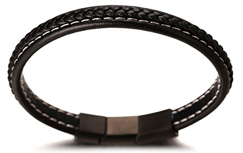 Halukakah ● Jazz ● Pulsera Hombre Cuero Genuina Negro Hecho a Mano Patrón en V Cierre Magnético Titanio Acero Inoxidable Negro 8.46"(21.5cm) con CajaDeRegaloGRATIS