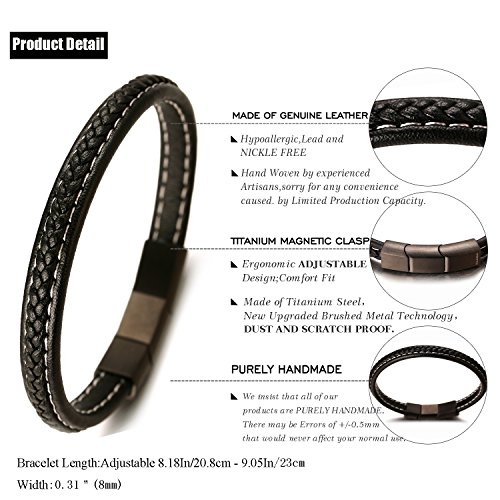 Halukakah ● Jazz ● Pulsera Hombre Cuero Genuina Negro Hecho a Mano Patrón en V Cierre Magnético Titanio Acero Inoxidable Negro 8.46"(21.5cm) con CajaDeRegaloGRATIS