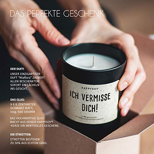 Happysoy Vermissen - Vela aromática en vaso con texto en alemán 100% natural, hecha a mano, regalo personal sostenible de la lejía – para mejor amiga – Ich vermisse Dich