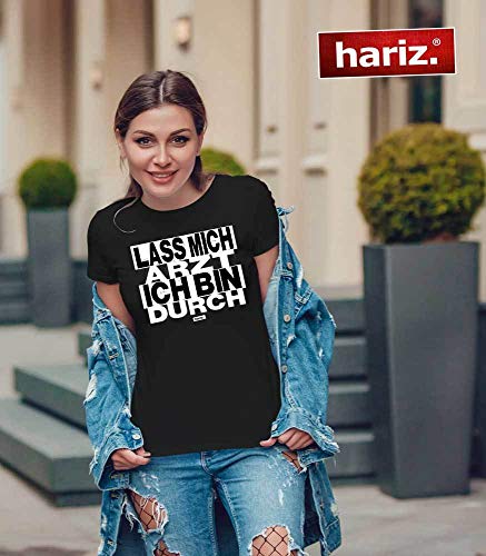 Hariz – Camiseta de cuello redondo para mujer, con texto en alemán, color blanco y negro, incluye tarjeta de regalo azul real XL