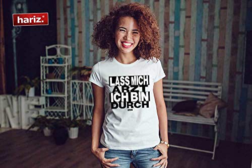 Hariz – Camiseta de cuello redondo para mujer, con texto en alemán, color blanco y negro, incluye tarjeta de regalo azul real XL