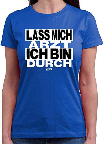 Hariz – Camiseta de cuello redondo para mujer, con texto en alemán, color blanco y negro, incluye tarjeta de regalo azul real XL