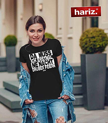 Hariz - Camiseta de cuello redondo para mujer, con texto en alemán "Da Muss Ich Erstmal Ne Nacht Drüber Feiern", color blanco y negro, tarjetas de regalo azul real XL