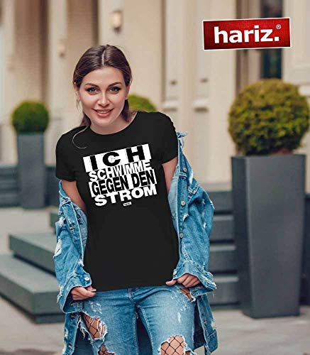 Hariz - Camiseta de manga corta para mujer, cuello redondo, texto en alemán, color blanco y negro azul real XL