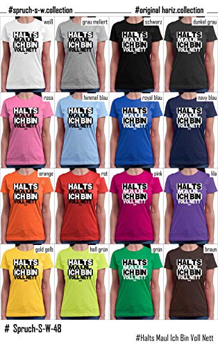 Hariz – Camiseta de manga corta para mujer, cuello redondo, texto en alemán, color blanco y negro, tarjeta de regalo azul real XL