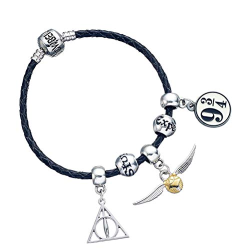 Harry Potter Pulsera negra con 3 cuentas de hechizos y 3 abalorios