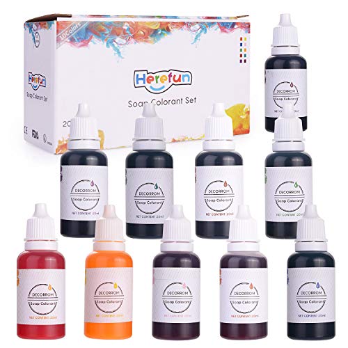 Herefun Colores de Jabón - 10 Colores x 20 ML Set, Jabón Fabricación Bomba de Baño Colores a Base de Agua colorantes - ¡Altamente Concentrado