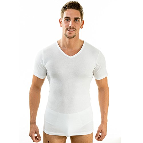 Hermo 4880 – Juego de 4 Business Shirt hombre con mango corto con cuello V Color blanco, de camiseta demi-manche en 100% algodón de Europa Blanco blanco