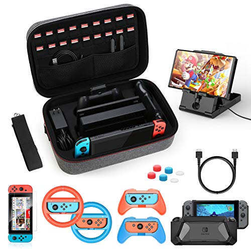 HEYSTOP Kit de Accesorios 12 en 1 para Nintendo Switch, con Funda de Transporte, TPU Cubierta Protectora, Joy-con Grip y Volante, Soporte,Protector de Pantalla, Apretones de Pulgar, Cable USB (Gris)