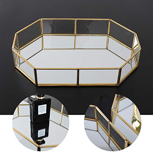 Hggzeg - Bandeja de cristal dorado con espejo, diseño de polígono de metal decorativo, para joyas, perfume, baño, dormitorio, vidrio latón, Large