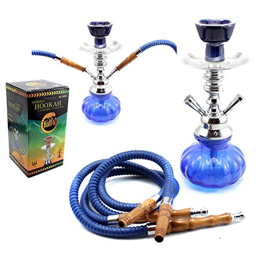 HIBRON® Cachimba shisha hookha pequeña 25cm 2 mangueras, kit de iniciación completa premium (azul)