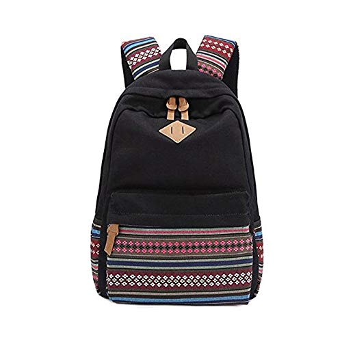 HJT® lona mochila Vintage colorida banda escuela para jóvenes adolescentes y niñas ligero lindo impermeable Casual mochila tiene 14 pulgadas Laptop escuela bolso mochila Negro