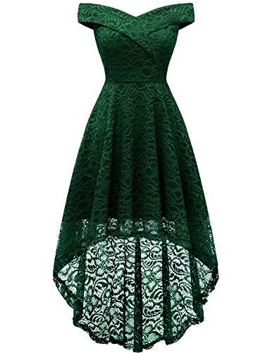 Homrain Vestido Cóctel Vintage A-línea Hi-Lo Elegante Encaje Fiesta Noche Vestido para Mujer Dark Green XL