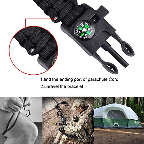 HONYAO Pulseras de Paracord, 2 Piezas Mini Kit de Supervivencia con Cuerda, Silbar, Brújula, Pedernal, y Raspadorpara para Acampar y Senderismo Aire Libre