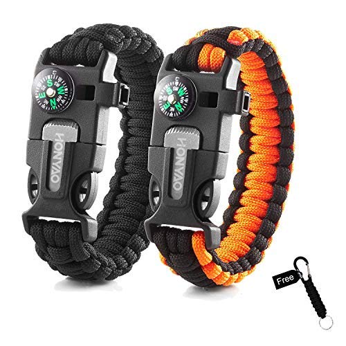 HONYAO Pulseras de Paracord, 2 Piezas Mini Kit de Supervivencia con Cuerda, Silbar, Brújula, Pedernal, y Raspadorpara para Acampar y Senderismo Aire Libre