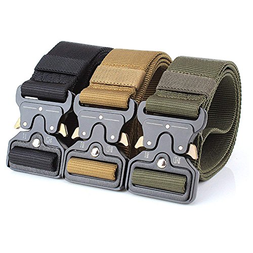HOTSO 2 Pack Nylon Cinturón Táctico, Pretina Militar al Aire Libre 130cm Longitud Lona Transpirable Ceñidor para Hombre y Mujer Cintura con Hebillas de Metal (Negro+Caqui)