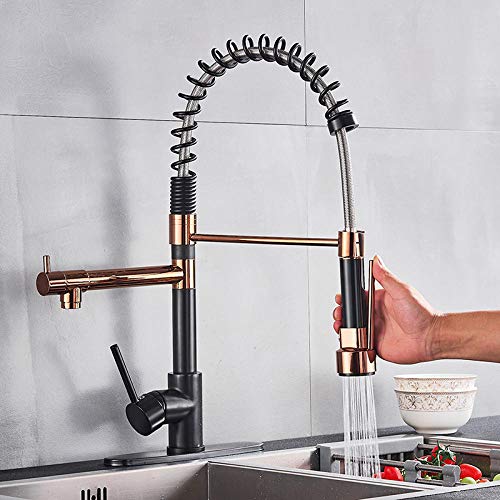 HUSHUN Modern Waterfall Extendido Grifo del fregadero del baño Manija única Grifo monomando de lavabo Grifo monomando sólido Grifería de lavabo Grifería de lavabo@Oro rosa y negro_Brasil