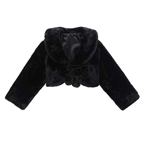 IEFIEL Chaqueta de Fiesta Boda para Niña Bolero Pompón de Dama Honor Cárdigan de Piel Sintética Abrigo Invierno Otoño Negro 5-6 Años