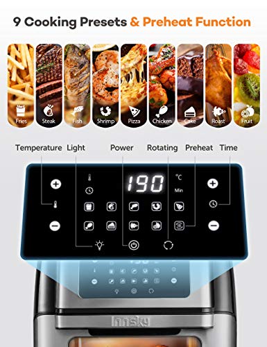 Innsky Freidora sin Aceite 10L 1500W Horno de Aire Caliente con 10 Programas, Pantalla LED Táctil, freidora de Aire Caliente con 6 Accesorios Gratis, Negro/Plateado (10 litros)