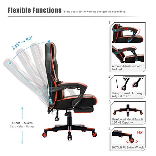 IntimaTe WM Heart Silla Gaming Silla Ergonómica para Gamers Oficina Silla con Reposapiés Plegable, Cojín Lumbar Comfortable para Trabajo y Siesta, Carga Máxima 150kg(Rojo)