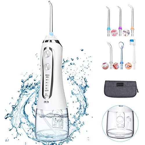 Irrigador Bucal, Irrigador Dental Portátil con 6 Boquillas 5 Modos 300ML, Multifuncional Recargable,Profesional Lavado Pulsado,IPX7 Impermeable,Limpieza Dientes de Ortodoncia y Dientes de Implante