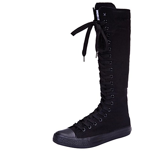 Jamron Chicas Mujer Moda Rodilla Alta con Cordones Botas de Lona Puro Negro Cremallera Botas de Danza 801 EU38.5