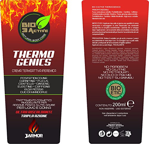 J.ARMOR - Crema Reductora Termogénica Para Hombre y Mujer - Bio3Active - Adelgazante Anti-Celulitis Efecto Drenante - Para Piernas, Glúteos y Abdominales - BIO HECHO EN ITALIA - 200 ml