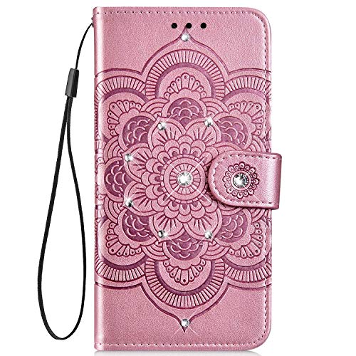 JAWSEU Funda Compatible con Samsung Galaxy A20e Brillante Funda, PU Cuero Libro Billetera Brillo Tapa Magnético Carcasa 3D Bling Diamantes Mandala Flores Diseño Ranura para Tarjetas Cubierta,Oro Rosa