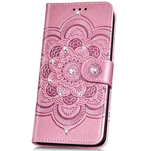 JAWSEU Funda Compatible con Samsung Galaxy A20e Brillante Funda, PU Cuero Libro Billetera Brillo Tapa Magnético Carcasa 3D Bling Diamantes Mandala Flores Diseño Ranura para Tarjetas Cubierta,Oro Rosa