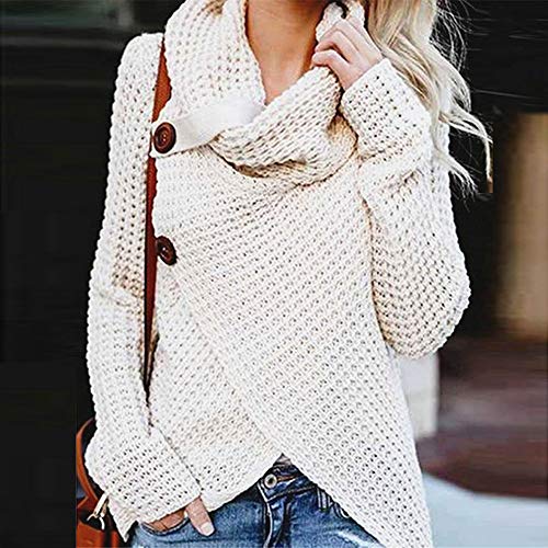 Jerseys De Punto para Mujer Cuello de Tortuga Manga Larga Suelto Prendas de Punto Suéter Irregular Jerséis Collar de la Pila Tops Cálido Otoño Invierno riou (White, S)